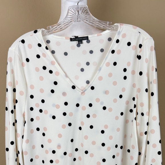 Adrianna Papell Off White with Black/Pink Polka Dots Long Sleeve Pullover Blouse - Picture 2 of 10